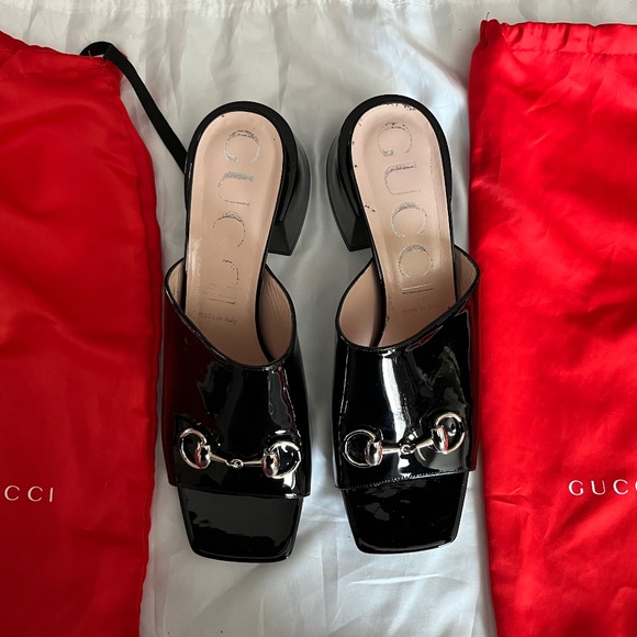 Gucci Shoes - Gucci Patent Lexi Horsebit Mid-Heel Slide Sandals